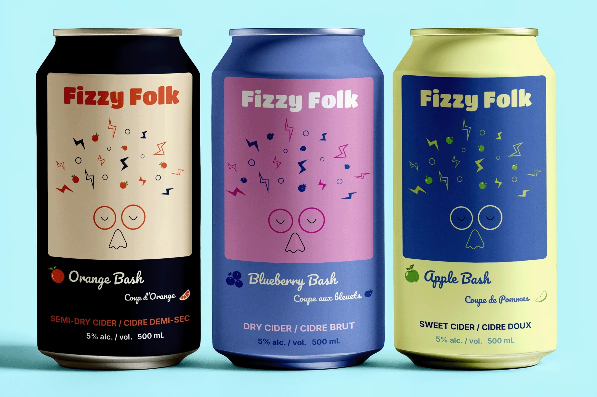 The three Fizzy Folk cans on a pale aqua backdrop: Orange Bash in navy and cream, Blueberry Bash in periwinkle and pink, Apple Bash in pale yellow and blue