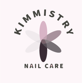 Kimmistry Nail Care logo: overlapping translucent mauve petals under an arched wordmark
